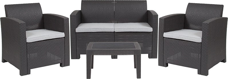 4 Piece Outdoor Faux Rattan Chair, Loveseat and Table Set in Dark Gray by Flash Furniture | Outdoor Sofas, Loveseats & Sectionals | Modishstore - 2