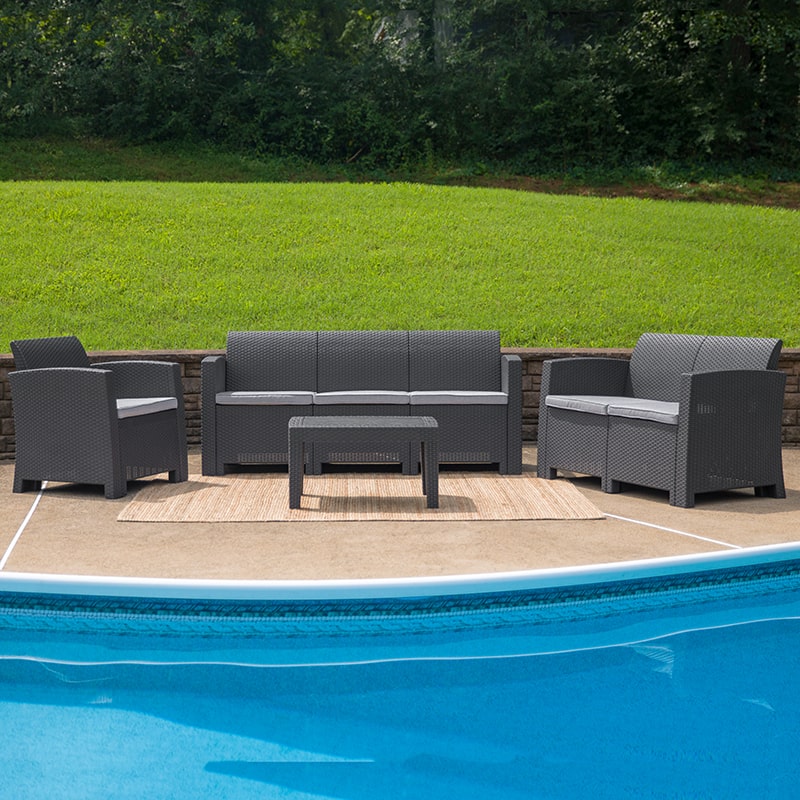 4 Piece Outdoor Faux Rattan Chair, Loveseat, Sofa and Table Set in Dark Gray by Flash Furniture | Outdoor Sofas, Loveseats & Sectionals | Modishstore