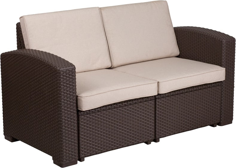 Chocolate Brown Faux Rattan Loveseat with All-Weather Beige Cushions by Flash Furniture | Outdoor Sofas, Loveseats & Sectionals | Modishstore - 4