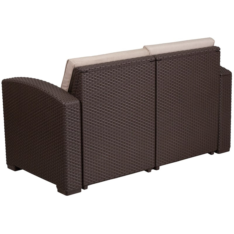 Chocolate Brown Faux Rattan Loveseat with All-Weather Beige Cushions by Flash Furniture | Outdoor Sofas, Loveseats & Sectionals | Modishstore - 2