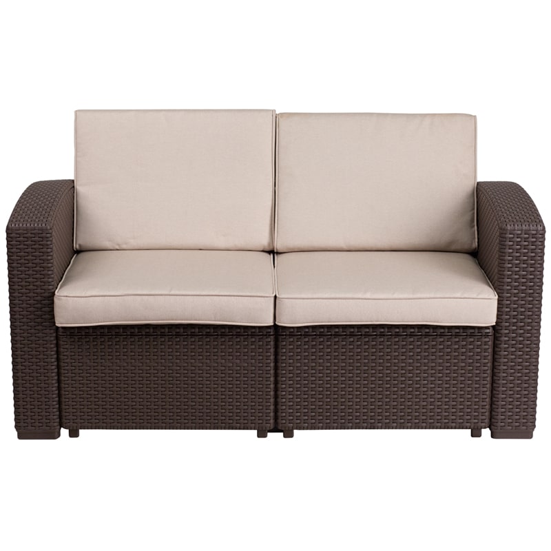 Chocolate Brown Faux Rattan Loveseat with All-Weather Beige Cushions by Flash Furniture | Outdoor Sofas, Loveseats & Sectionals | Modishstore - 3
