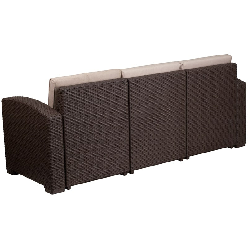 Chocolate Brown Faux Rattan Sofa with All-Weather Beige Cushions by Flash Furniture | Outdoor Sofas, Loveseats & Sectionals | Modishstore - 2