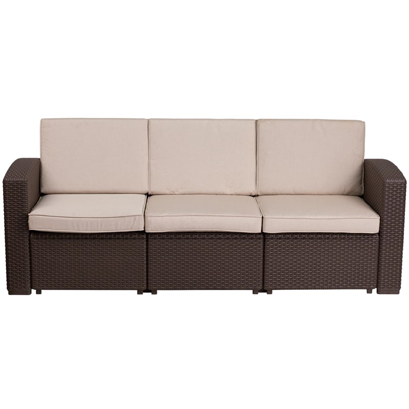 Chocolate Brown Faux Rattan Sofa with All-Weather Beige Cushions by Flash Furniture | Outdoor Sofas, Loveseats & Sectionals | Modishstore - 3