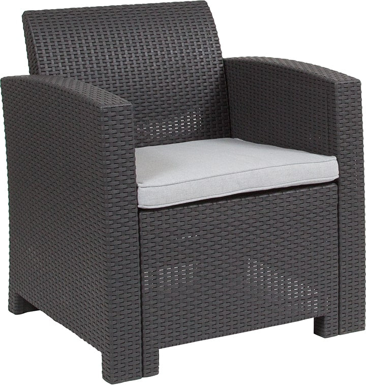 Dark Gray Faux Rattan Chair with All-Weather Light Gray Cushion by Flash Furniture | Outdoor Chairs | Modishstore