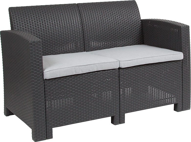 Dark Gray Faux Rattan Loveseat with All-Weather Light Gray Cushions by Flash Furniture | Outdoor Sofas, Loveseats & Sectionals | Modishstore-5