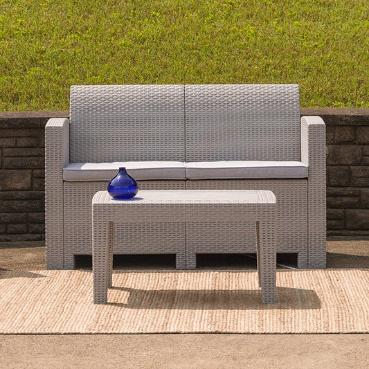 Light Gray Faux Rattan Loveseat with All-Weather Light Gray Cushions by Flash Furniture | Outdoor Sofas, Loveseats & Sectionals | Modishstore
