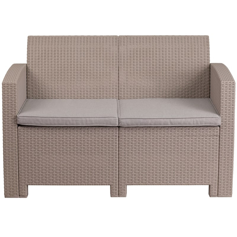 Light Gray Faux Rattan Loveseat with All-Weather Light Gray Cushions by Flash Furniture | Outdoor Sofas, Loveseats & Sectionals | Modishstore - 3