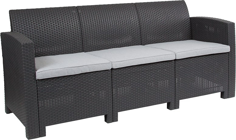 Dark Gray Faux Rattan Sofa with All-Weather Light Gray Cushions by Flash Furniture | Outdoor Sofas, Loveseats & Sectionals | Modishstore - 5