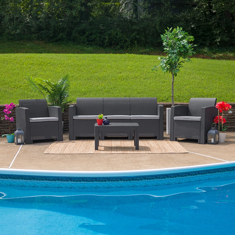 Dark Gray Faux Rattan Sofa with All-Weather Light Gray Cushions by Flash Furniture | Outdoor Sofas, Loveseats & Sectionals | Modishstore - 1