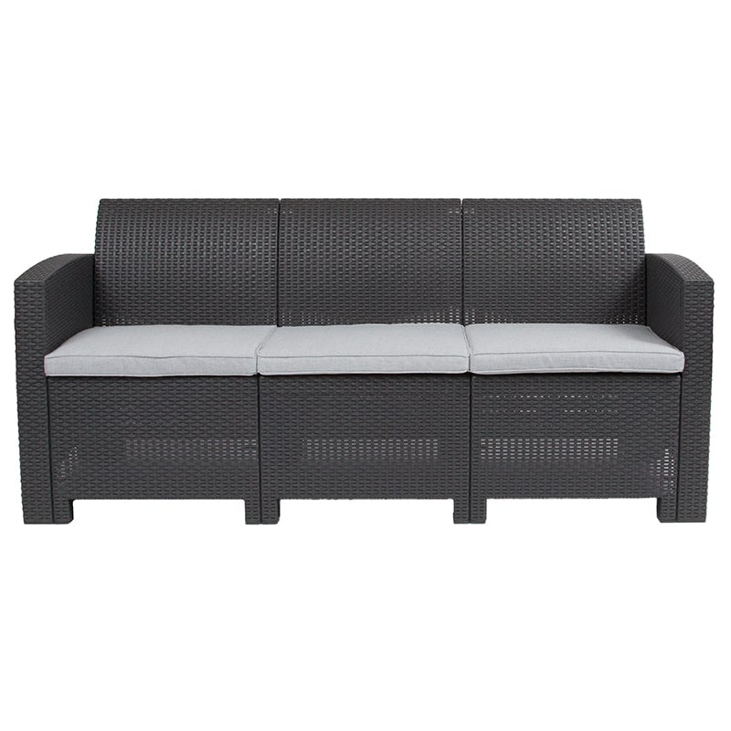 Dark Gray Faux Rattan Sofa with All-Weather Light Gray Cushions by Flash Furniture | Outdoor Sofas, Loveseats & Sectionals | Modishstore-4