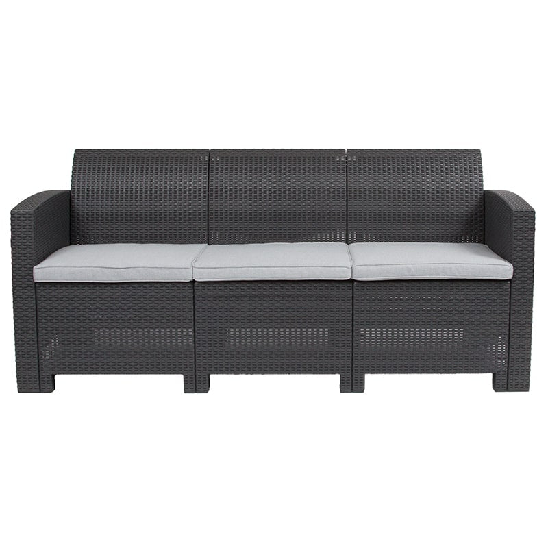 Dark Gray Faux Rattan Sofa with All-Weather Light Gray Cushions by Flash Furniture | Outdoor Sofas, Loveseats & Sectionals | Modishstore - 4