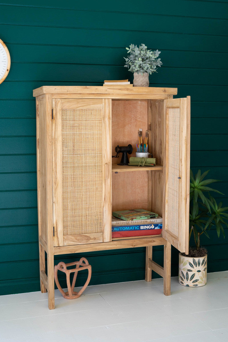 Large Two Door Wooden Cabinet With  Woven Cane Detail By Kalalou | Cabinets | Modishstore - 4