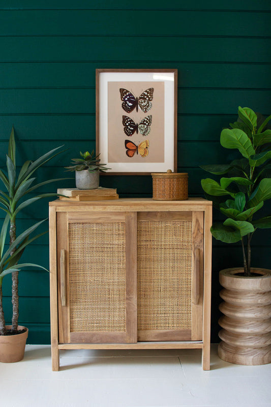 Wooden Cabinet With Sliding Doors And Woven Cane Detail By Kalalou | Cabinets | Modishstore
