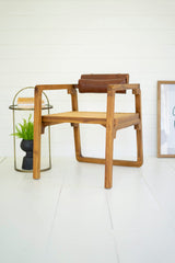 Bent Teak Arm Chair With Woven Seat And Leather Pad Back By Kalalou