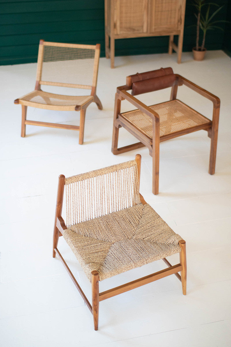 Bent Teak Arm Chair With Woven Seat And Leather Pad Back By Kalalou | Armchairs | Modishstore - 3