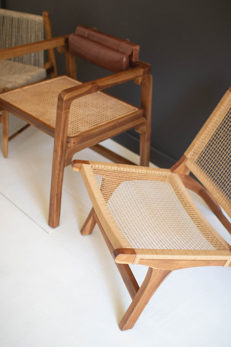 Bent Teak Arm Chair With Woven Seat And Leather Pad Back By Kalalou | Armchairs | Modishstore - 2