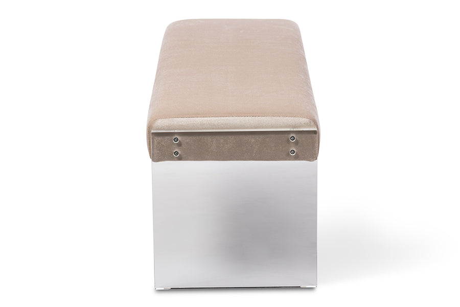 baxton studio hildon modern and contemporary beige microsuede fabric upholstered lux bench with paneled acrylic legs | Modish Furniture Store-3