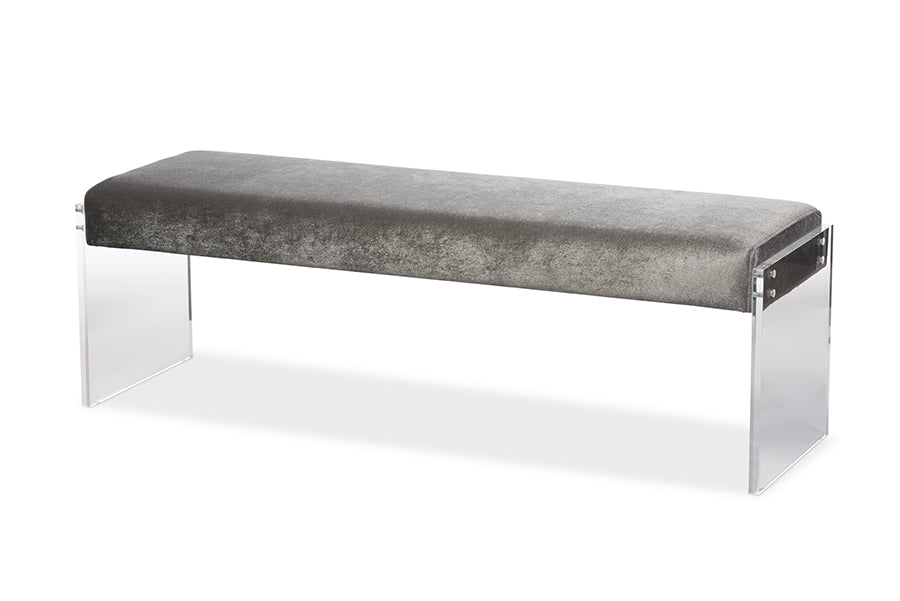 baxton studio hildon modern and contemporary beige microsuede fabric upholstered lux bench with paneled acrylic legs | Modish Furniture Store-5