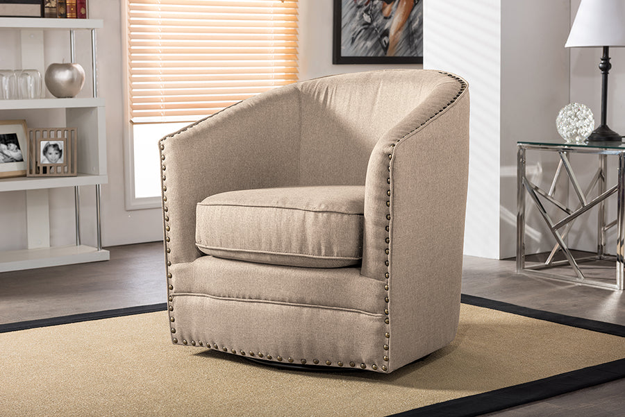 Baxton Studio Porter Modern and Contemporary Classic Retro Beige Fabric Upholstered Swivel Tub Chair | Lounge Chairs | Modishstore