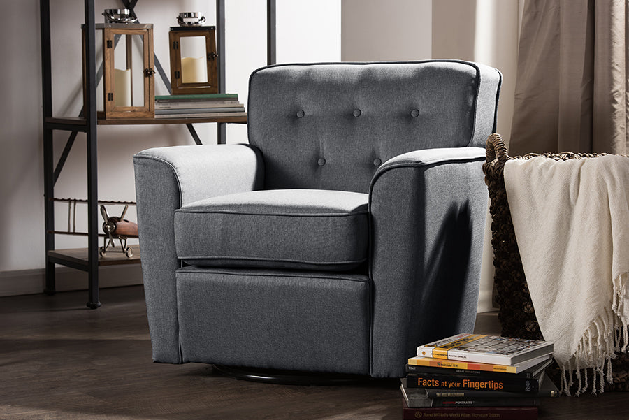 Baxton Studio Canberra Modern Retro Contemporary Grey Fabric Upholstered Button-tufted Swivel Lounge Chair with Arms | Lounge Chairs | Modishstore