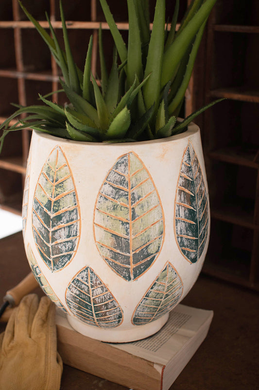 Terracotta Decorative Planter With Leaves 12"T By Kalalou | Planters, Troughs & Cachepots | Modishstore