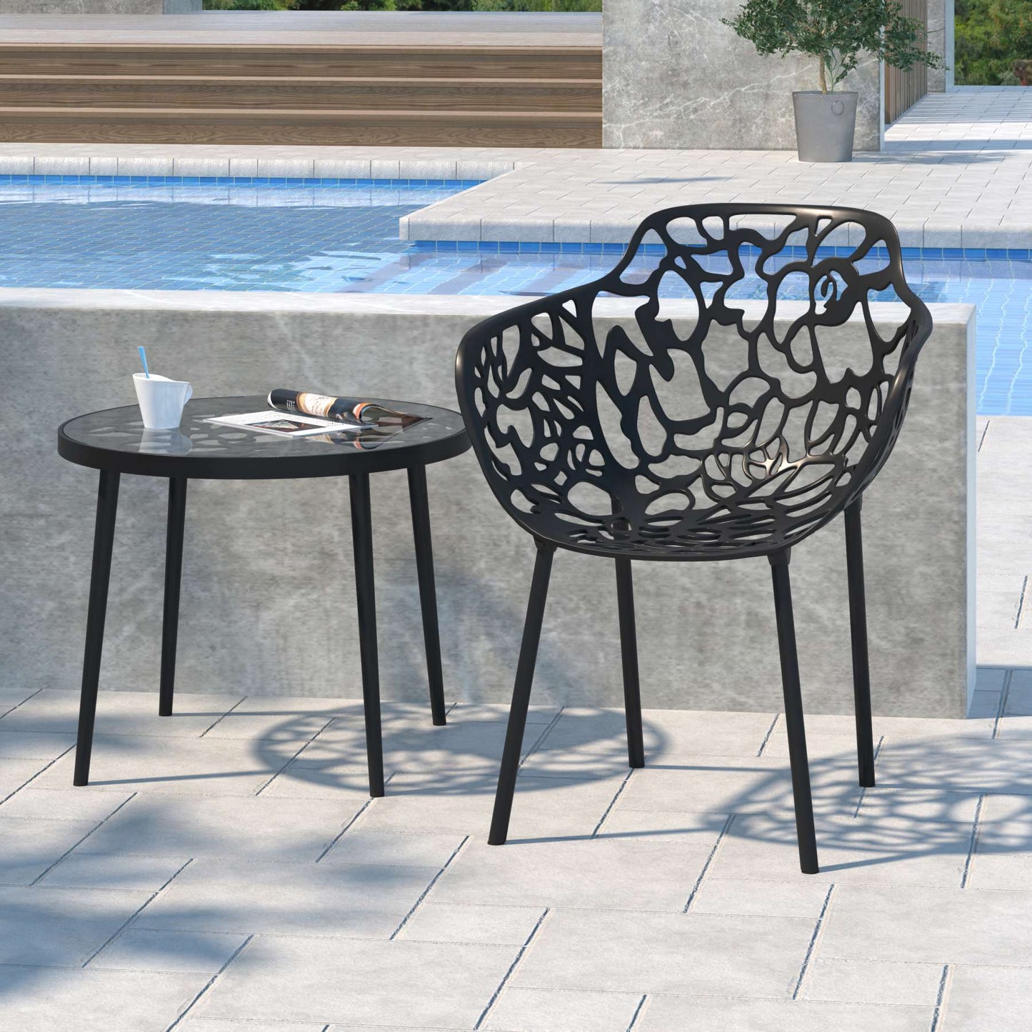 LeisureMod Devon Tree Design Glass Top Aluminum Base Indoor Outdoor End Table | Outdoor Tables | Modishstore - 3