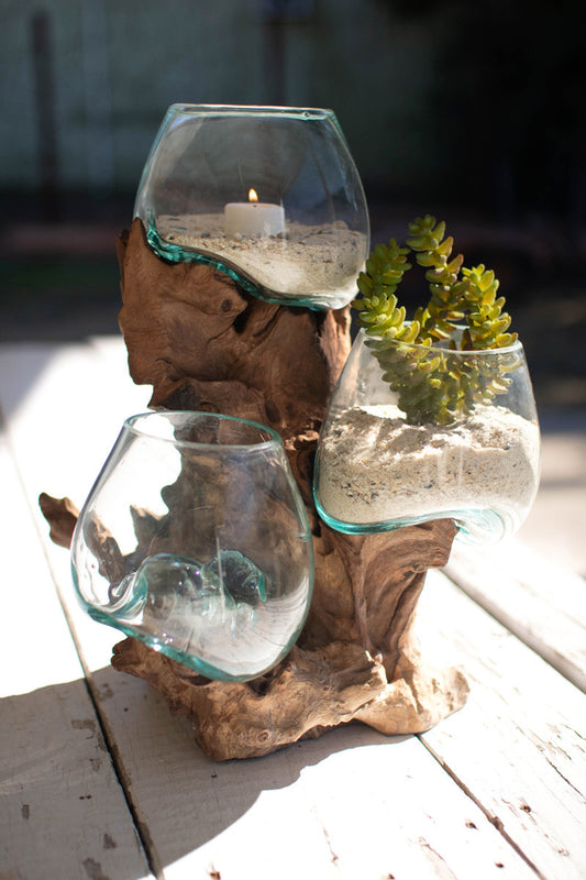 Three Blown Glass Bowls On A Driftwood Base By Kalalou | Decorative Bowls | Modishstore