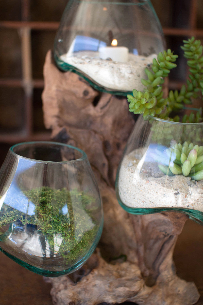 Kalalou Blown Glass Bowls On Driftwood Base - Thumbnail 3