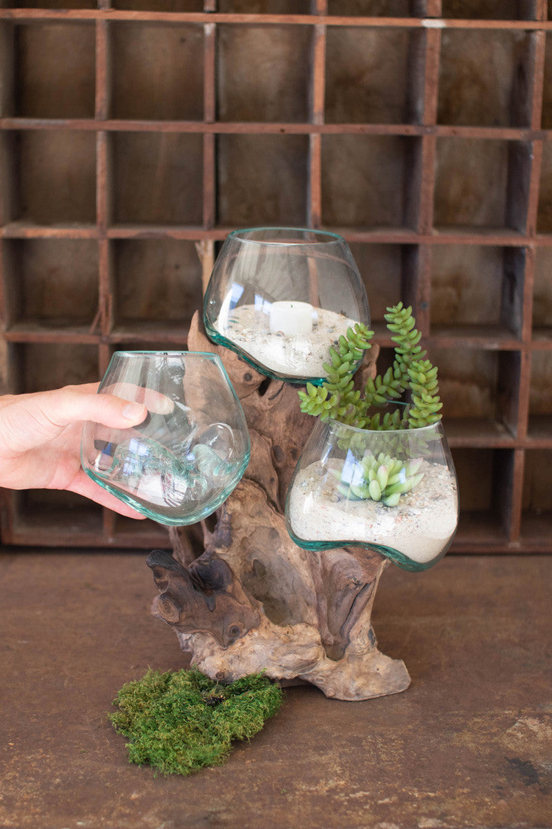 Kalalou Blown Glass Bowls On Driftwood Base - Thumbnail 2