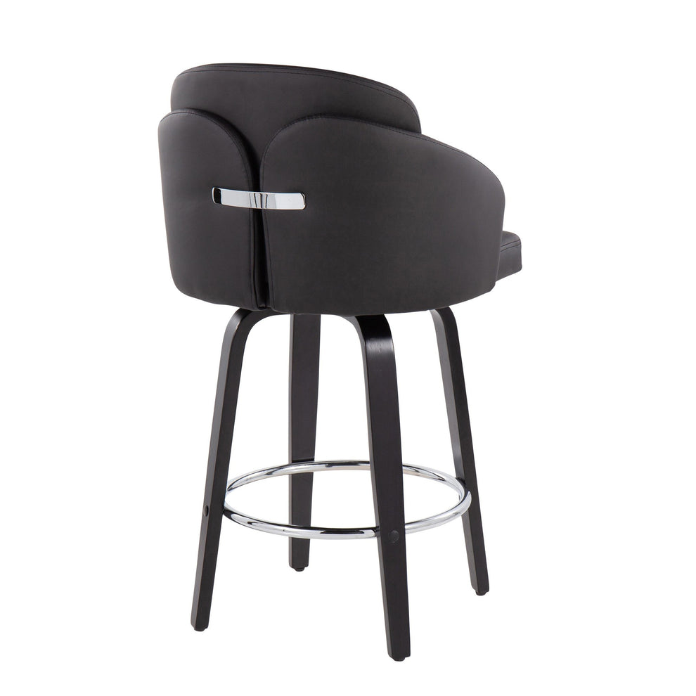 Dahlia Contemporary Counter Stool in Black Wood and Black Faux Leather with Round Chrome Footrest By LumiSource - Set of 2 | Counter Stools | Modishstore - 7