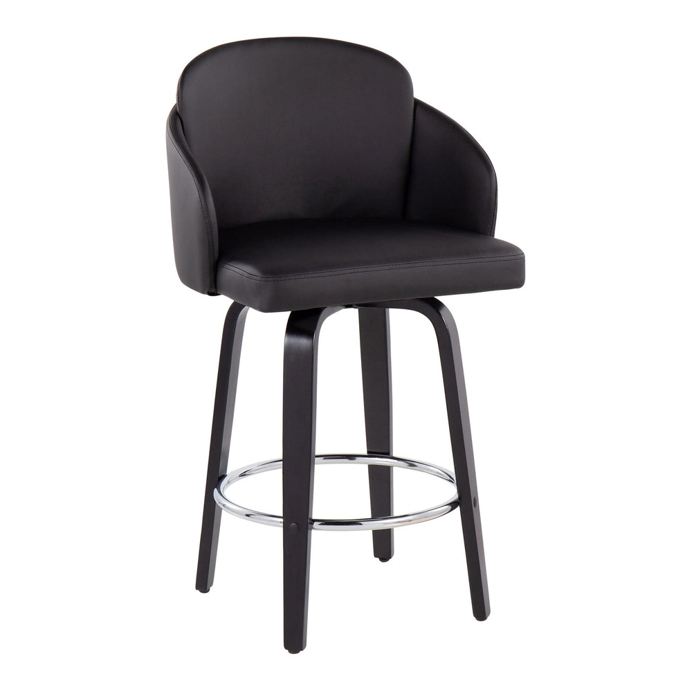 Dahlia Contemporary Counter Stool in Black Wood and Black Faux Leather with Round Chrome Footrest By LumiSource - Set of 2 | Counter Stools | Modishstore - 5
