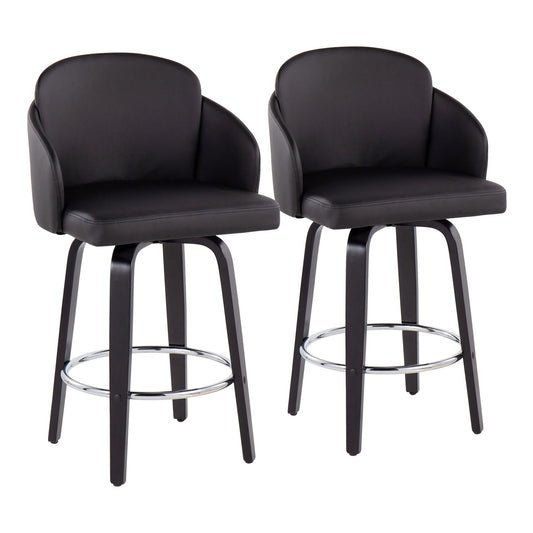 Dahlia Contemporary Counter Stool in Black Wood and Black Faux Leather with Round Chrome Footrest By LumiSource - Set of 2 | Counter Stools | Modishstore