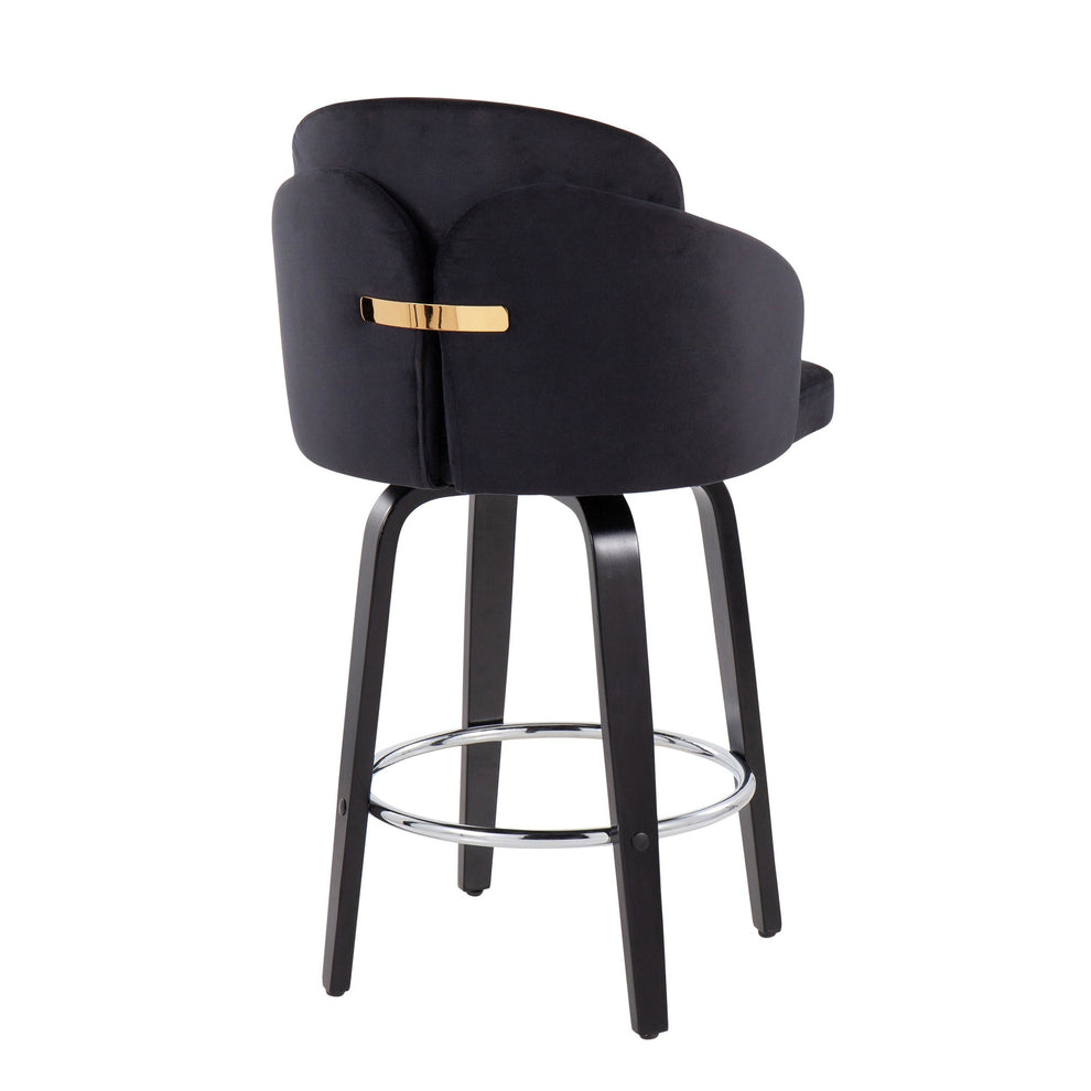 Dahlia Contemporary Counter Stool in Black Wood and Black Velvet with Gold Metal Accent and Round Chrome Footrest By LumiSource - Set of 2 | Counter Stools | Modishstore - 7