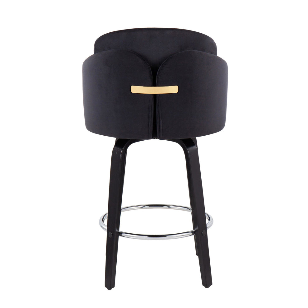 Dahlia Contemporary Counter Stool in Black Wood and Black Velvet with Gold Metal Accent and Round Chrome Footrest By LumiSource - Set of 2 | Counter Stools | Modishstore - 8