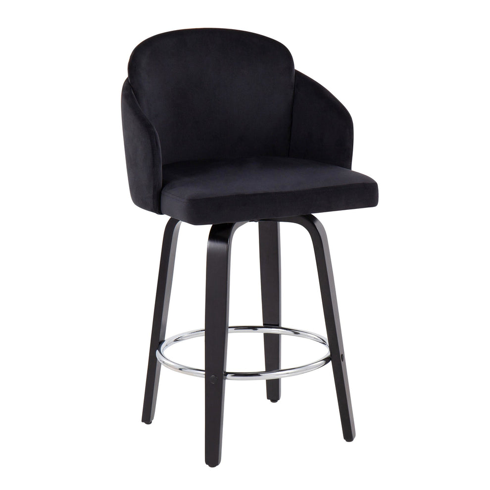 Dahlia Contemporary Counter Stool in Black Wood and Black Velvet with Gold Metal Accent and Round Chrome Footrest By LumiSource - Set of 2 | Counter Stools | Modishstore - 5