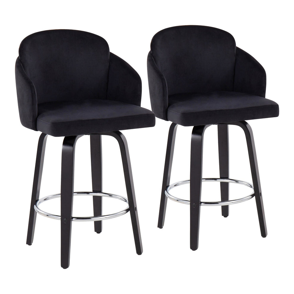 Dahlia Contemporary Counter Stool in Black Wood and Black Velvet with Gold Metal Accent and Round Chrome Footrest By LumiSource - Set of 2 | Counter Stools | Modishstore