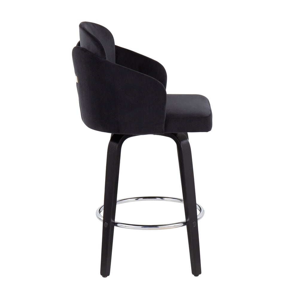 Dahlia Contemporary Counter Stool in Black Wood and Black Velvet with Gold Metal Accent and Round Chrome Footrest By LumiSource - Set of 2 | Counter Stools | Modishstore - 6