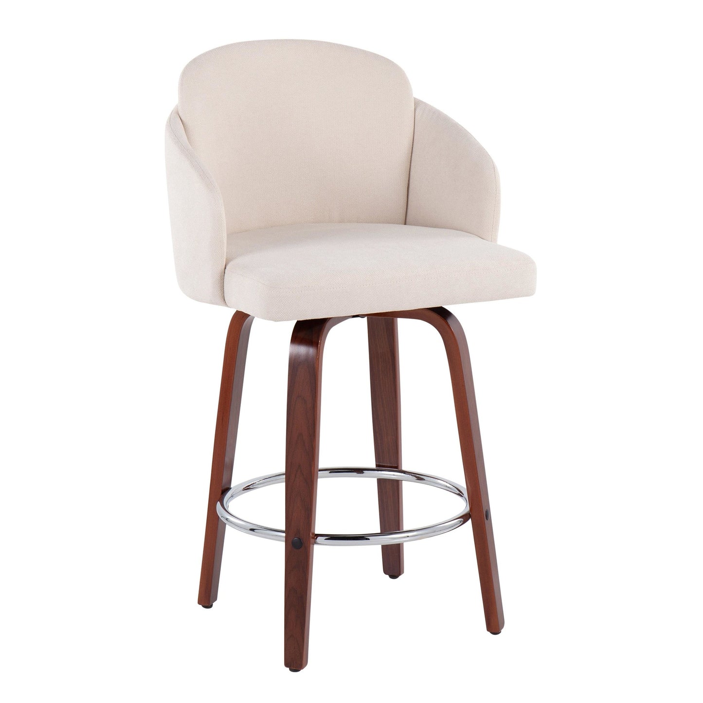 Dahlia Contemporary Counter Stool in Walnut Wood and Cream Fabric with Round Chrome Footrest By LumiSource - Set of 2 | Counter Stools | Modishstore - 5