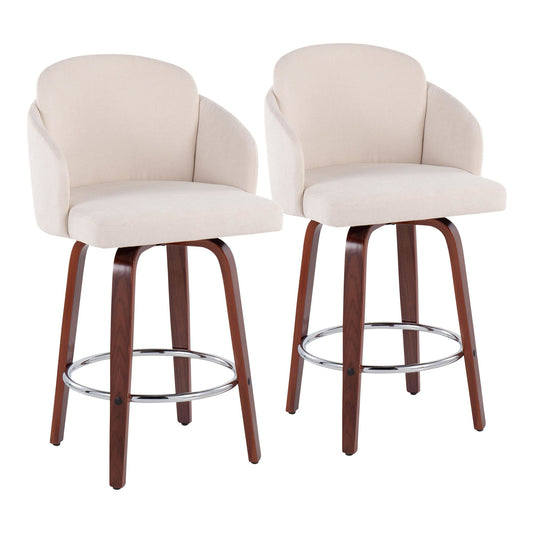 Dahlia Contemporary Counter Stool in Walnut Wood and Cream Fabric with Round Chrome Footrest By LumiSource - Set of 2 | Counter Stools | Modishstore