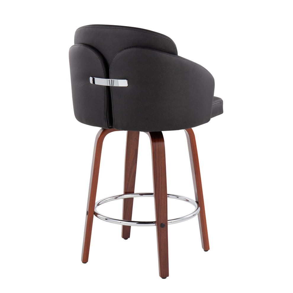 Dahlia Contemporary Counter Stool in Walnut Wood and Black Faux Leather with Round Chrome Footrest By LumiSource - Set of 2 | Counter Stools | Modishstore - 7