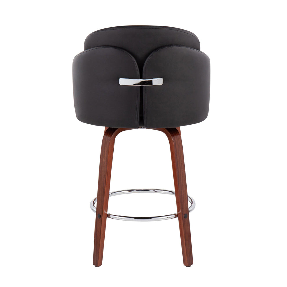 Dahlia Contemporary Counter Stool in Walnut Wood and Black Faux Leather with Round Chrome Footrest By LumiSource - Set of 2 | Counter Stools | Modishstore - 8