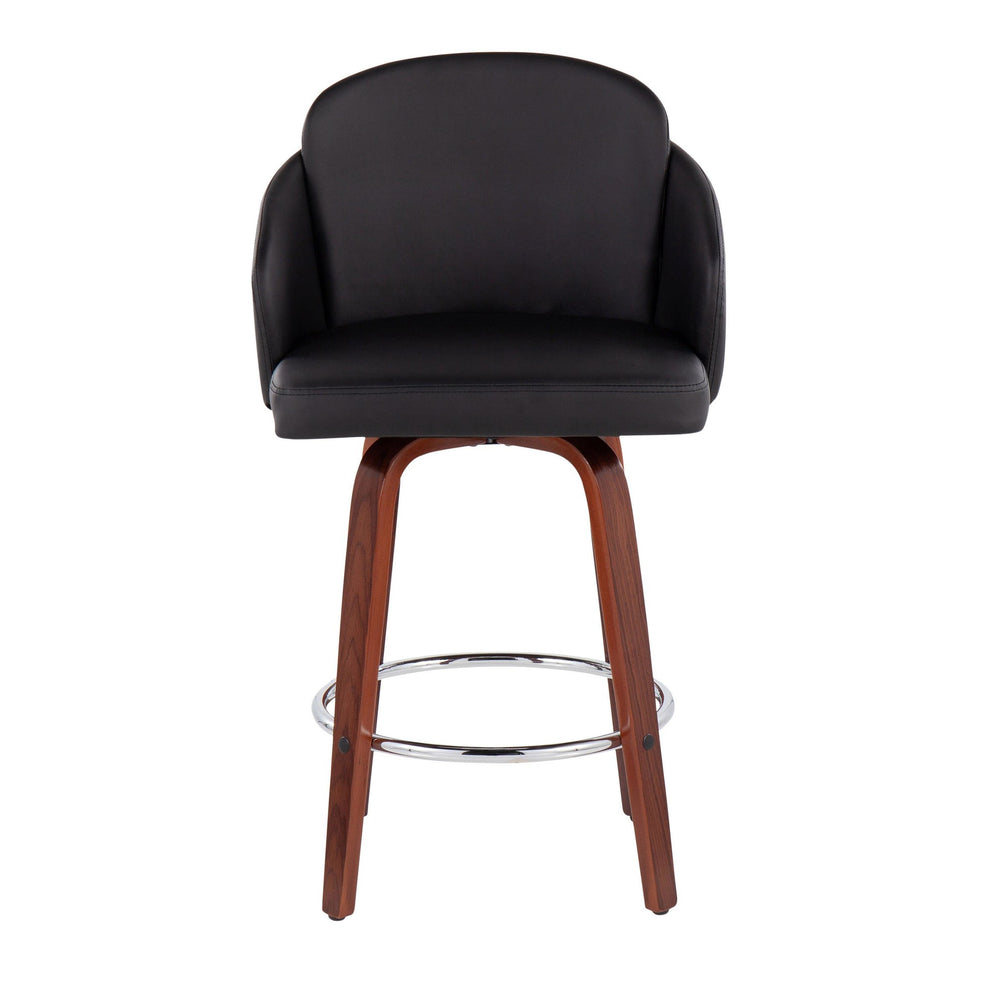 Dahlia Contemporary Counter Stool in Walnut Wood and Black Faux Leather with Round Chrome Footrest By LumiSource - Set of 2 | Counter Stools | Modishstore - 2