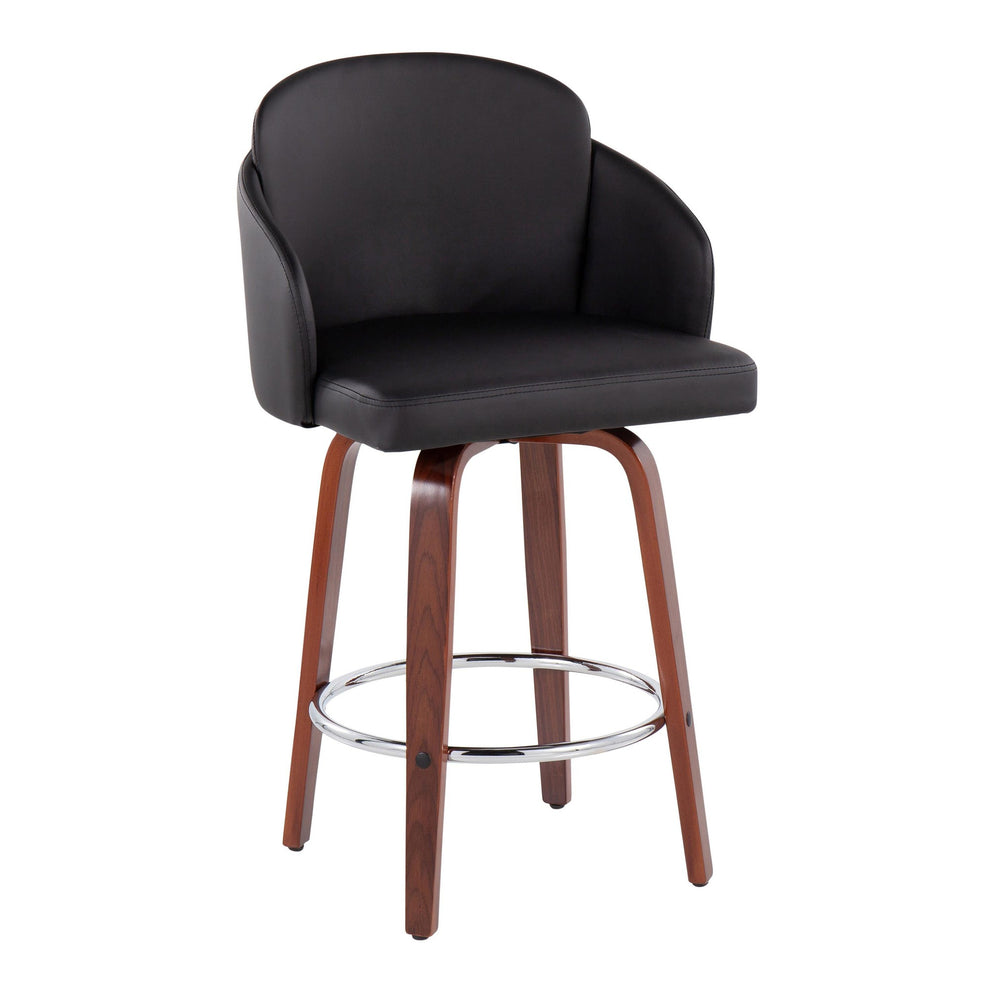 Dahlia Contemporary Counter Stool in Walnut Wood and Black Faux Leather with Round Chrome Footrest By LumiSource - Set of 2 | Counter Stools | Modishstore - 5