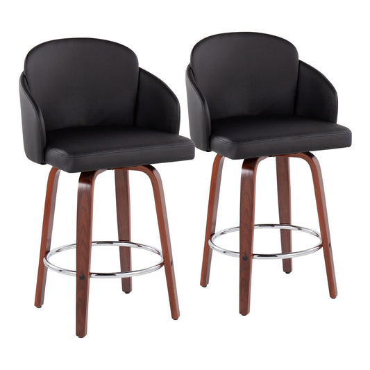 Dahlia Contemporary Counter Stool in Walnut Wood and Black Faux Leather with Round Chrome Footrest By LumiSource - Set of 2 | Counter Stools | Modishstore