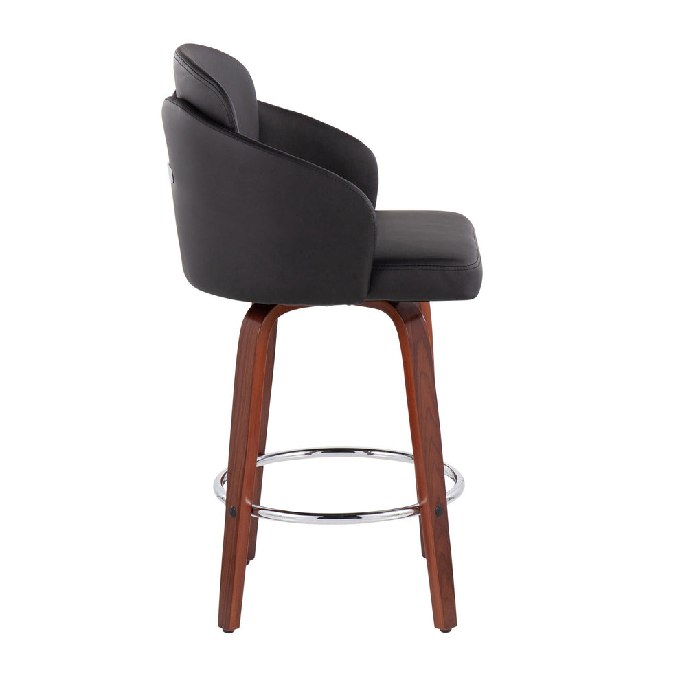 Dahlia Contemporary Counter Stool in Walnut Wood and Black Faux Leather with Round Chrome Footrest By LumiSource - Set of 2 | Counter Stools | Modishstore - 6