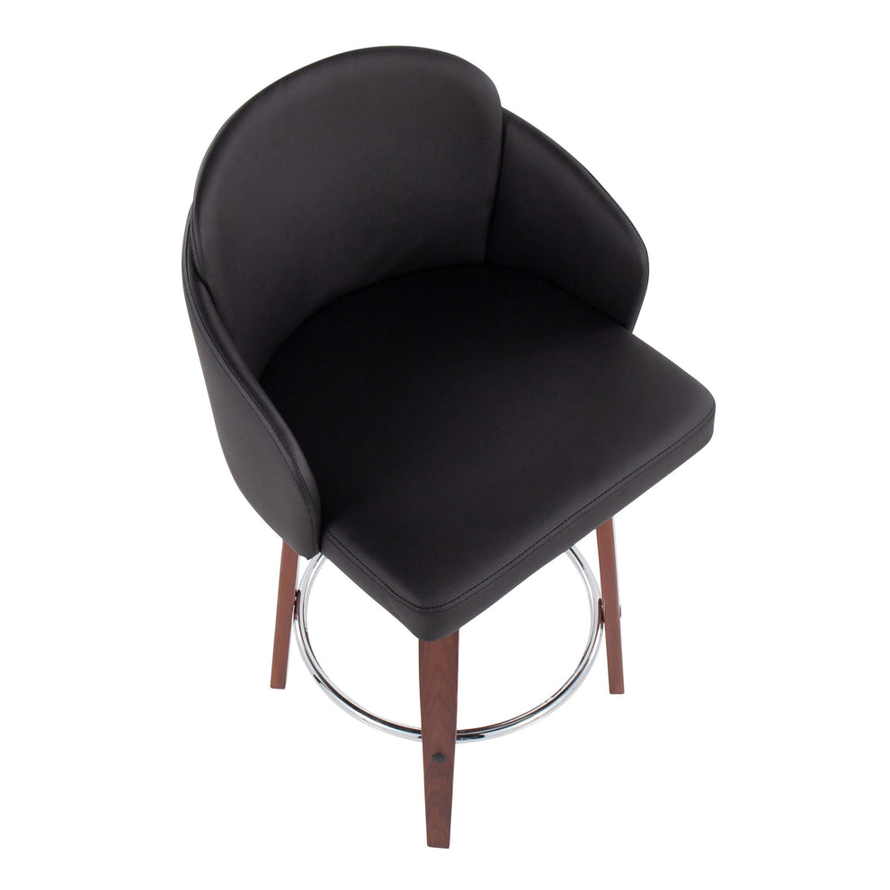 Dahlia Contemporary Counter Stool in Walnut Wood and Black Faux Leather with Round Chrome Footrest By LumiSource - Set of 2 | Counter Stools | Modishstore - 3