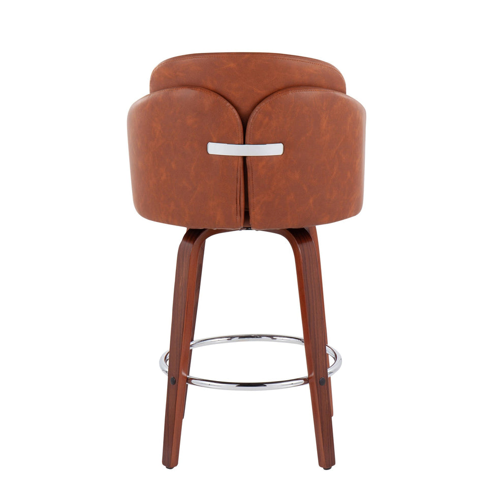 Dahlia Contemporary Counter Stool in Walnut Wood and Black Faux Leather with Round Chrome Footrest By LumiSource - Set of 2 | Counter Stools | Modishstore - 16
