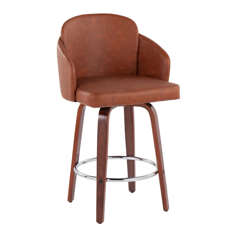 Dahlia Contemporary Counter Stool in Walnut Wood and Black Faux Leather with Round Chrome Footrest By LumiSource - Set of 2 | Counter Stools | Modishstore - 13