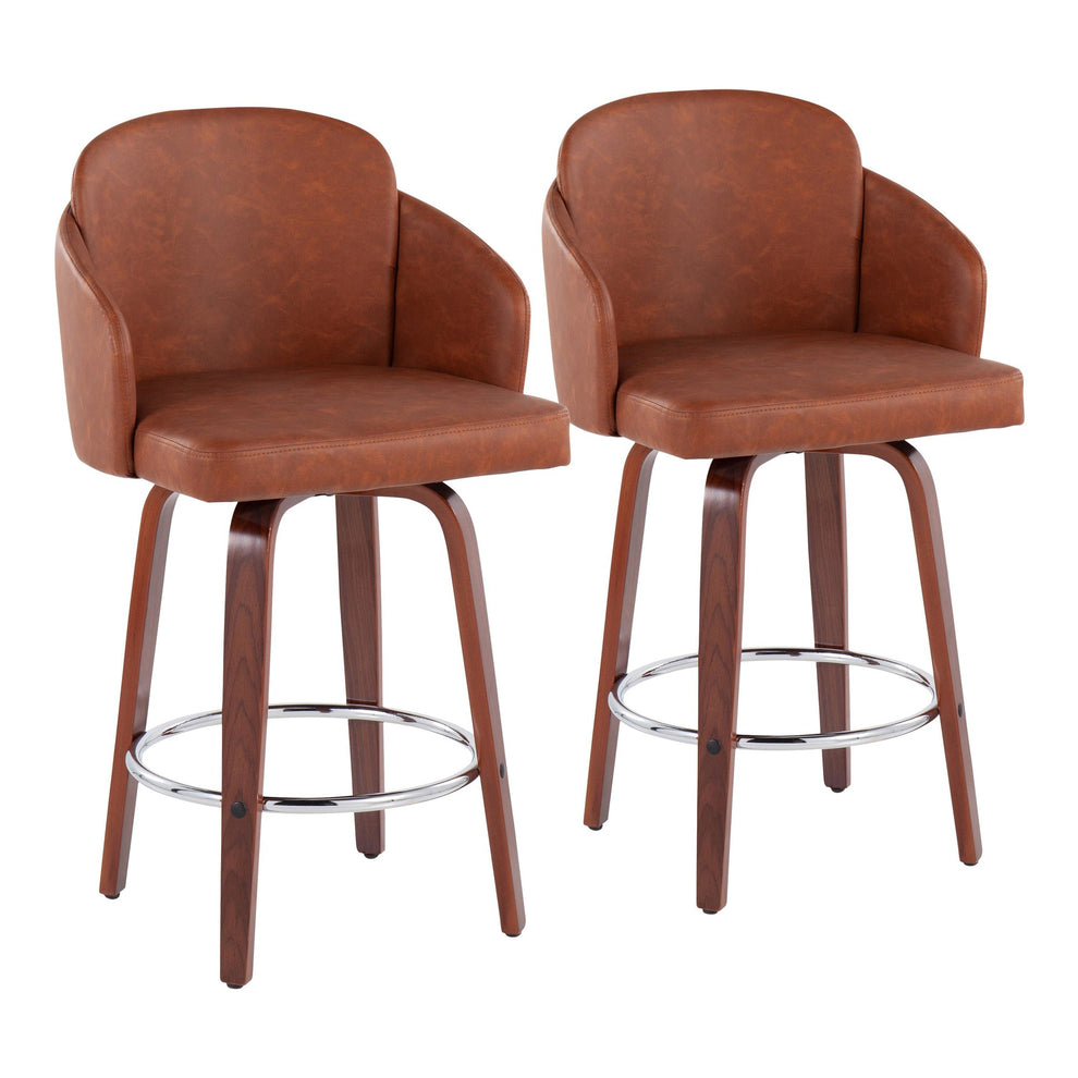 Dahlia Contemporary Counter Stool in Walnut Wood and Black Faux Leather with Round Chrome Footrest By LumiSource - Set of 2 | Counter Stools | Modishstore - 9