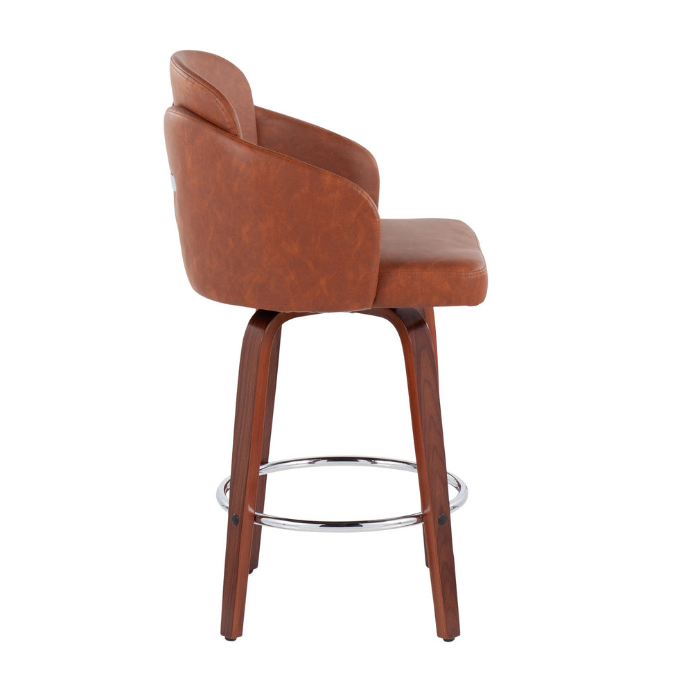 Dahlia Contemporary Counter Stool in Walnut Wood and Black Faux Leather with Round Chrome Footrest By LumiSource - Set of 2 | Counter Stools | Modishstore - 14